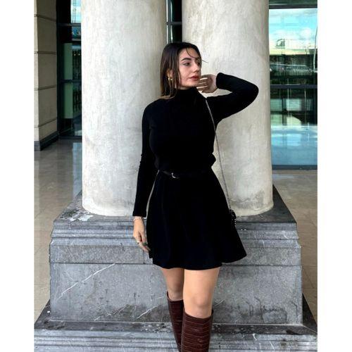 Kadın Uzun Kollu Balıkçı Yaka Salaş Kusa Akrilik Elbise