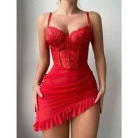 Fırfırlı Dantel İşlemeli Tül Fantezi Kırmızı Gecelik