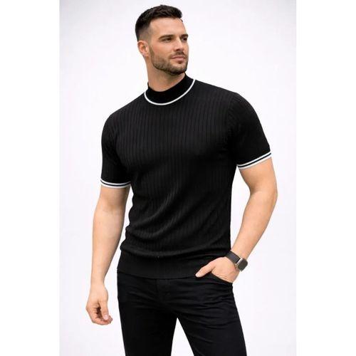 Erkek Fitilli Triko Dokuma Kısa Kol Tişört Yarım Boğaz Modern Yazlık T-Shirt - Siyah
