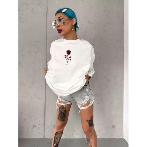 Pilelistore Unisex Bisiklet Yaka Baskılı Oversize T-Shirt - Beyaz