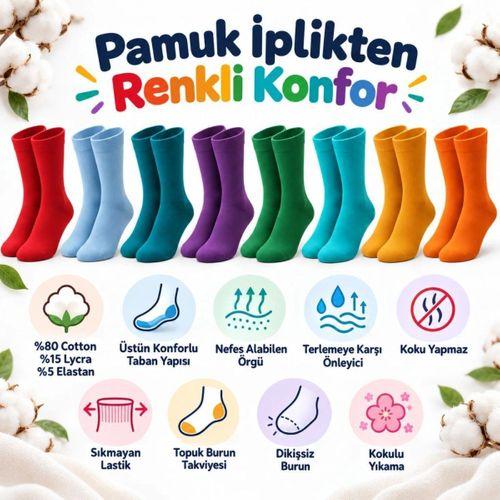 Unisex Renkli Çorap 8'li Set Günlük Rahat Esnek Uzun Soket Çorap Canlı Renkler Yumuşak Konforlu Seti