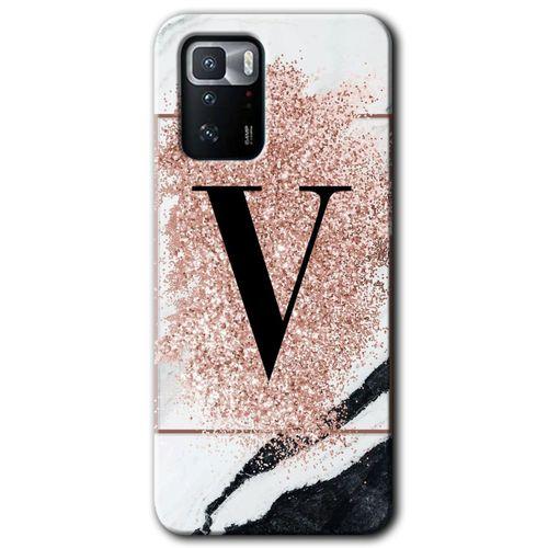 Potkal Hediye Fabrikası Poco x3 GT Kılıf HD Desen Baskılı Arka Kapak - Pembe Mermer Desenli V Harfi