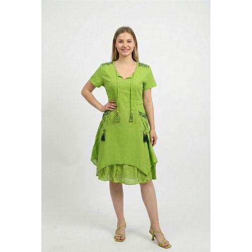 Kısa Kol Nil Vual Diz Boyu Çift Cepli Nakışlı Yazlık Elbise Fıstık Yeşili fysl