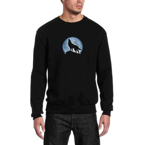 Anime Wolf Howling Baskılı Siyah Erkek Sweatshirt