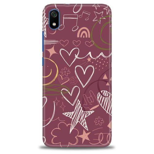 Xiaomi Redmi 7A Kılıf HD Baskılı Kılıf - Notalar ve Kalpler Bordo + Tam Ekran Koruyucu