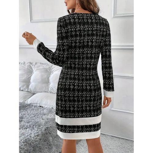 Kadın Uzun Kollu Yuvarlak Yaka Etek Ucu şerit Detaylı Kısa Dokuma Elbise