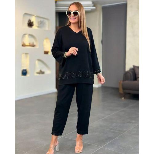 Kadın Uzun Kollu V Yakalı Pulpayet Viskon Iki Iplik Bluz Ve Pantolon Takım