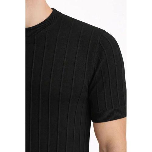 Erkek Yazlık Fitilli Triko Tişört Kısa Kol Bisiklet Yaka T-Shirt - Siyah