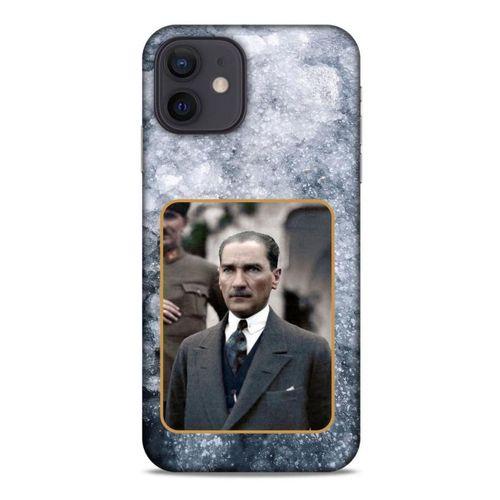Apple iPhone 12 Kılıf Atatürk (32) Soft Silikon Kılıf Gri Buzul