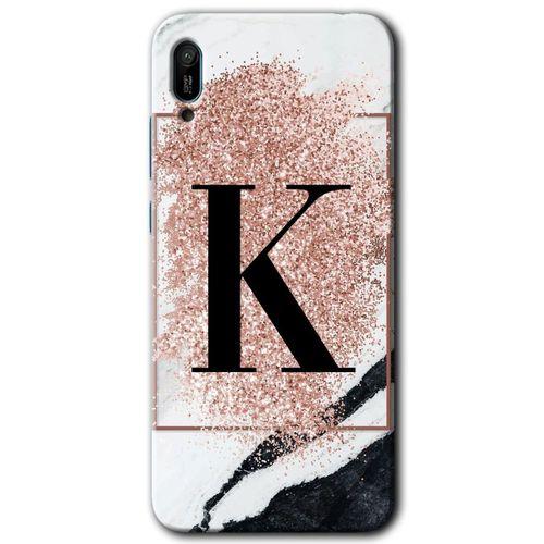 MRCİLETİSİM Huawei Y6 2019 Kılıf HD Desen Baskılı Arka Kapak + Temperli Cam - Pembe Mermer Desenli K Harfi