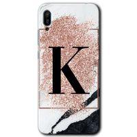 MRCİLETİSİM Huawei Y6 2019 Kılıf HD Desen Baskılı Arka Kapak + Temperli Cam - Pembe Mermer Desenli K Harfi