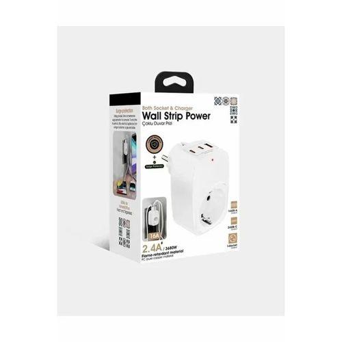 Tekli Yüksek Voltaj Korumalı Duvar Prizi 2x Type-c 1x Usb Çıkışlı Priz Grup Priz Çoğaltıcı Beyaz
