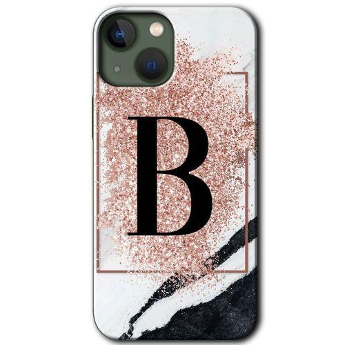 MRCİLETİSİM iPhone 13 Mini Kılıf Kapak - Pembe Mermer Desenli B Harfi +Hayalet Ekran Yandan Gözükmez