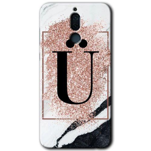MRCİLETİSİM Huawei Mate 10 Lite Kılıf Baskılı Kapak - Pembe Mermer Desenli Ü Harfi + 5D Tam Kaplayan Cam