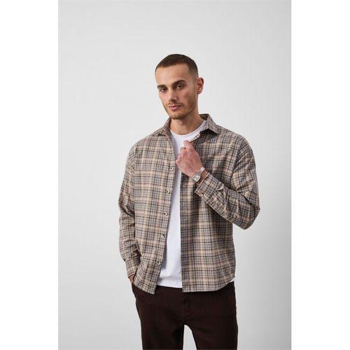 Carol Relaxed Fit Pamuklu Çizgili Flanel Erkek Gömlek - Bej