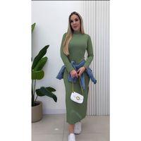 Kadın Uzun Kollu Balıkçı Yakalı Yanlardan Yırtmaçlı Kaşkorse Maxi Elbise