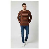 Erkek Bisiklet Yaka Cizgili Triko Kazak Yumuşak Dokulu Pamuklu Ince Dokuma, Uzun Kollu Rahat Regular Kalıp - Kahverengi