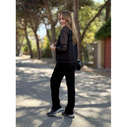 Kadın Uzun Kollu Tül Detaylı önü Düğmeli Viskon Iki Iplik Ceket Ve Pantolon Ikili Takım