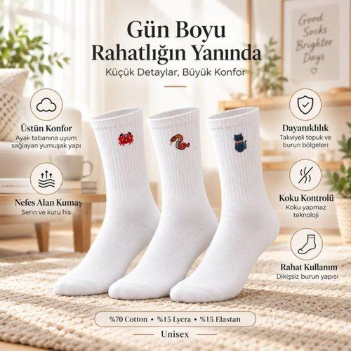 Unisex Çorap Beyaz Hayvan Nakışlı 3'lü Set Yengeç Yılan Kedi Desenli Uzun Soket Günlük Spor Çorabı