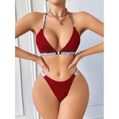 Kadın Bordo Love Yazılı Arkası Çarpraz Mayo Bikini 5169