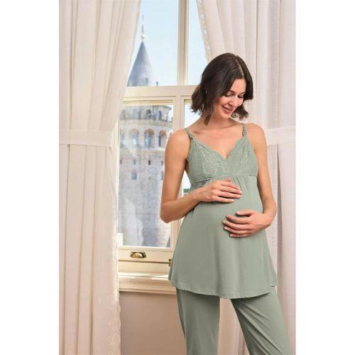 Çiçek Ve Yaprak Desenli Dantelli Hamile Lohusa 3'lü Pijama Takımı
