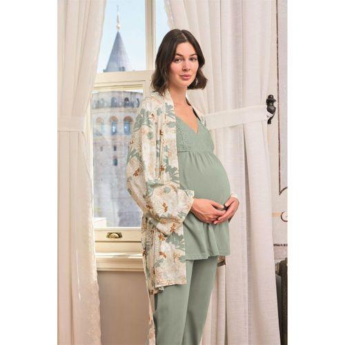 Çiçek Ve Yaprak Desenli Dantelli Hamile Lohusa 3'lü Pijama Takımı