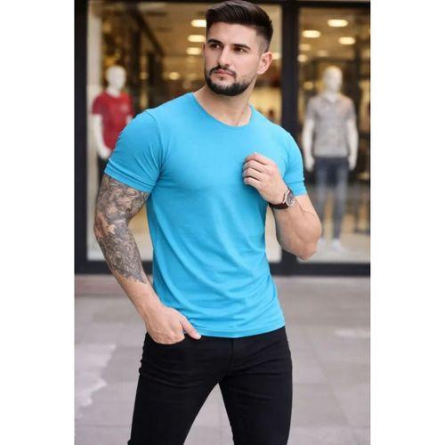 Erkek T-Shirt Bisiklet Yaka Slim Fit Dar Kesim Likralı Tişört Günlük Basic Body - Açık Mavi