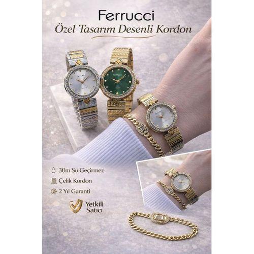Ferrucci Çelik Kordon 2 Yıl Garantili 3 Atm Suya Dayanıklı Kadın Kol Saati+Bileklik F.EM03693.4