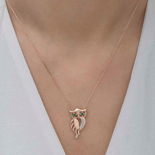 Gümüş Rose Yeşil Gözlü Baykuş Kadın Kolye
