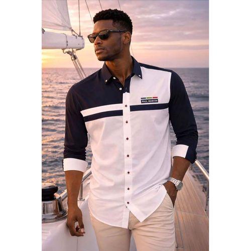 Regular Fit Yaka Düğmeli Pamuklu Parça Desenli Marina Gömlek