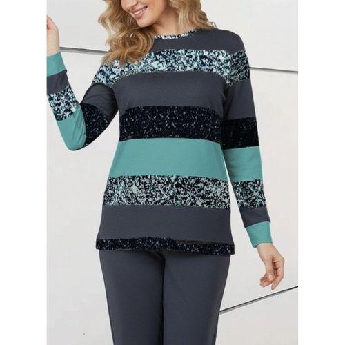 Kadın Uzun Kollu Bisiklet Yaka çizgili Desen Iki Iplik Bluz Ve Pantolon Ikili Takım