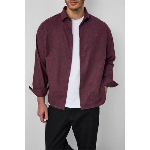 Pixel Relaxed Fit Pamuklu Mikro Çizgili Flanel Erkek Gömlek - Bordo
