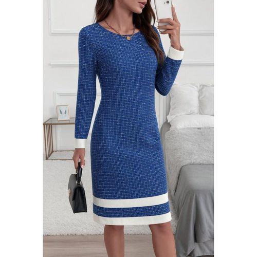 Kadın Uzun Kollu Yuvarlak Yaka Etek Ucu şerit Detaylı Mini Dokuma Elbise