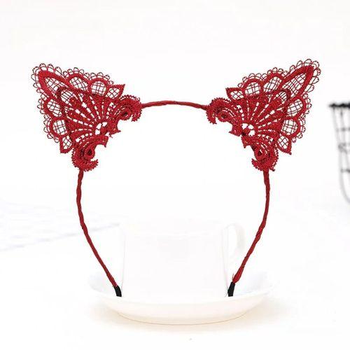 Dantelli Kırmızı Kedi Tacı - Vintage Tarz Dantel Kedi Kulak