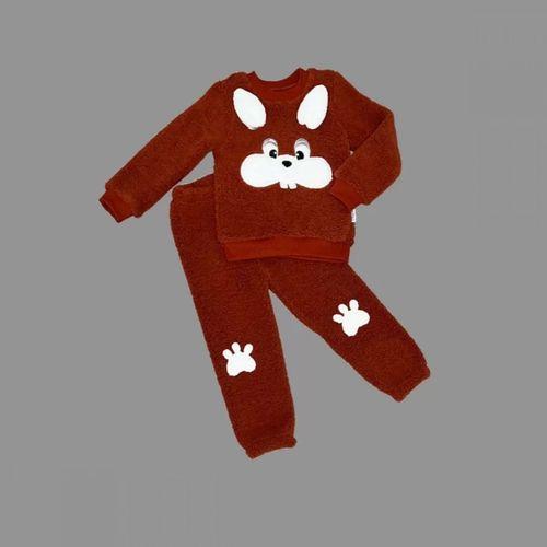 1-2-3 Yaş Kulaklı Tavşan Figürlü Kuzu Kumaş Sweat Pantolon Uzun Kollu Kız Erkek 2 Li Takımı Kahverengi