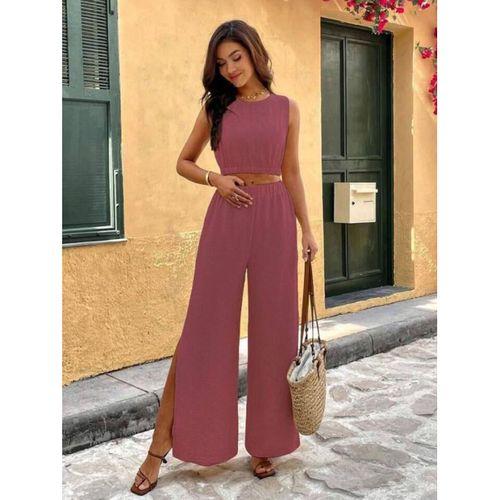 Kadın Yırtmaçlı Geniş Paça Pantolon Lastikli Kolsuz Bluz Takım