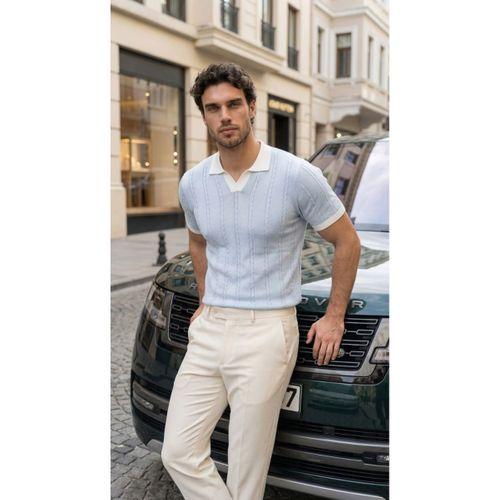 Erkek Örgü Desen Yakalı Kısa Kollu Triko Tişört - %100 Pamuk Akrilik