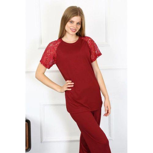 Kadın Kolu Dantelli Penye Pijama Takım Bordo