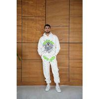 Erkek Kapüşonlu Eşofman Takım Örümcek Ağı Ve Neon Yeşil Baskılı Kanguru Cepli Oversize Rahat Kalıp, Premium Üç İplik Kumaş - Beyaz