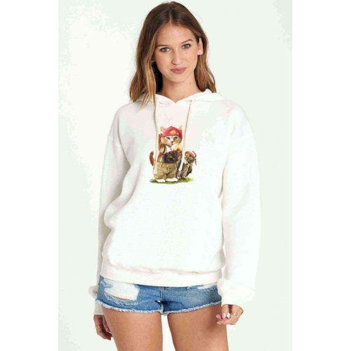 Watercolor Cat and Balloon Baskılı Kadın Kapüşonlu Beyaz Sweatshirt