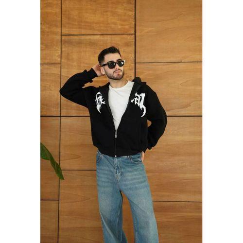Erkek Kapüşonlu Sweatshirt  Hoodie 3 İplik Şardonlu Pamuklu Kumaş, Önü Baskılı, Fermuarlı Rahat Kalıp, Kışlık Ve Sokak Stili Sweat - Siyah
