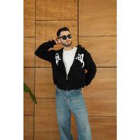Erkek Kapüşonlu Sweatshirt  Hoodie 3 İplik Şardonlu Pamuklu Kumaş, Önü Baskılı, Fermuarlı Rahat Kalıp, Kışlık Ve Sokak Stili Sweat - Siyah