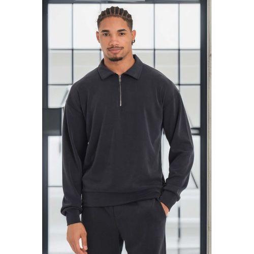 Scuba Modal Kumaş Relaxed Fit Yarım Fermuarlı Polo Yaka Erkek Sweatshirt - Siyah