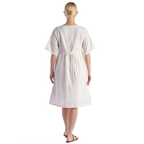 Kısa Kol Kırık Beyaz V Yaka Nakışlı Midi Boy Müslin Yazlık Elbise