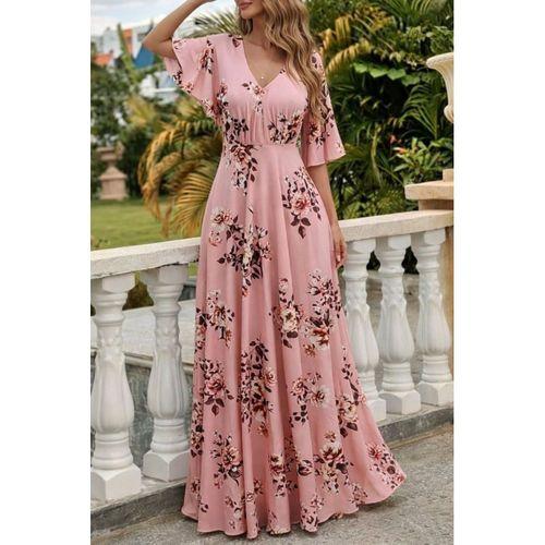 Kadın Kısa Kollu V Yakalı Desenli Süprem Elbise