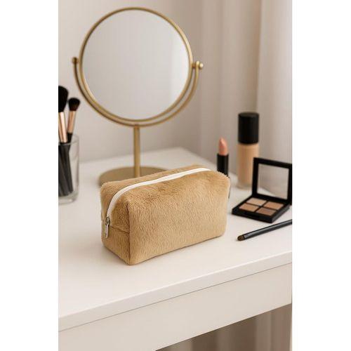 Peluş Yumuşacık Makyaj Çantası - Kozmetik Organizeri Kahverengi