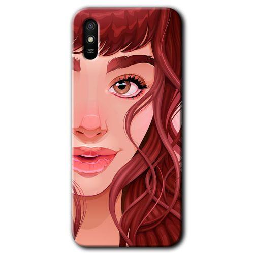 MRCİLETİSİM Xiaomi Redmi 9A Kılıf Baskılı Kapak - Kızıl Kız + 5D Tam Kaplayan Cam