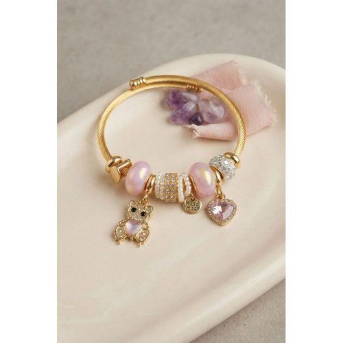 Pembe Renk Teddy Bear Model Gold Charmlı Bileklik