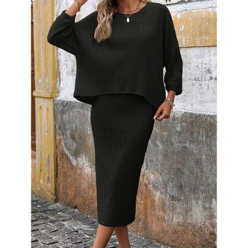 Kadın Uzun Kollu Yakası Açık Yarasa Kollu şardonlu Kaşkorse Bluz Ve Etek Takım