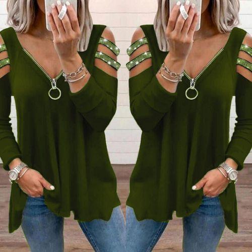 Kadın Haki Kolları Taş Işlemeli Uzun Kol Fermuarlı Viskon Bluz